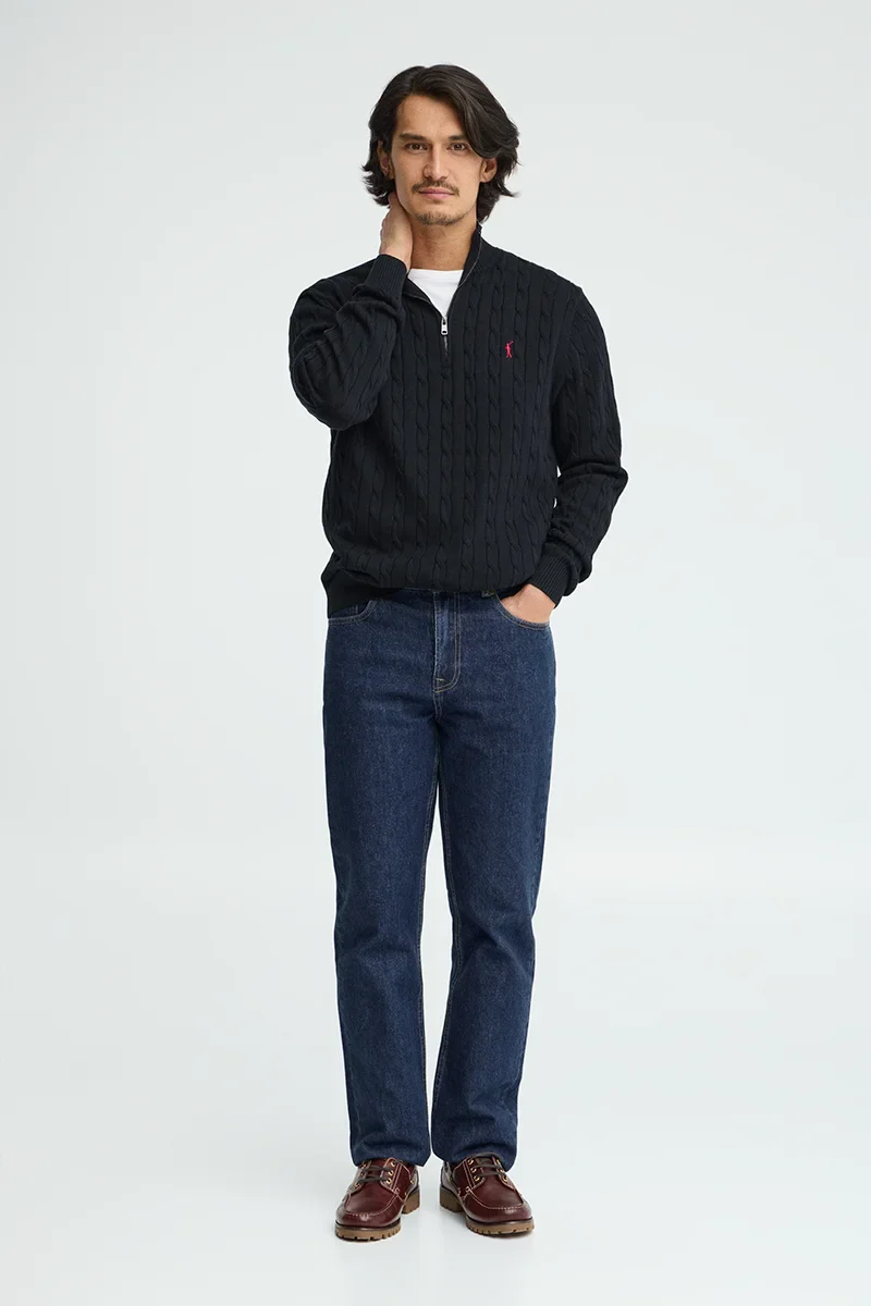 Navy-blue cable-knit jumper with zipped neck and Rigby Go logo - Image 4