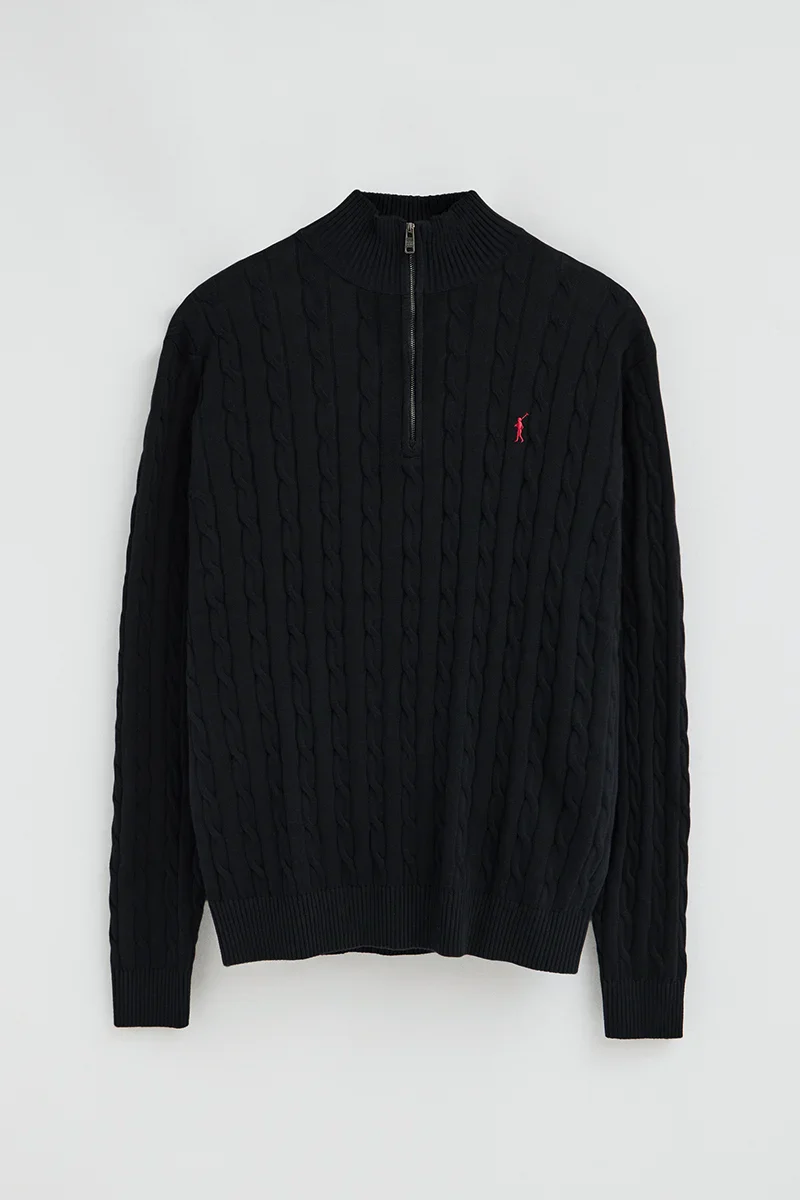 Navy-blue cable-knit jumper with zipped neck and Rigby Go logo - Image 6