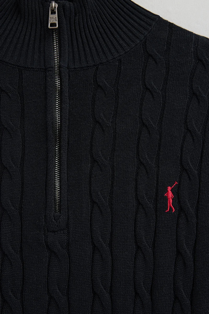 Navy-blue cable-knit jumper with zipped neck and Rigby Go logo - Image 7
