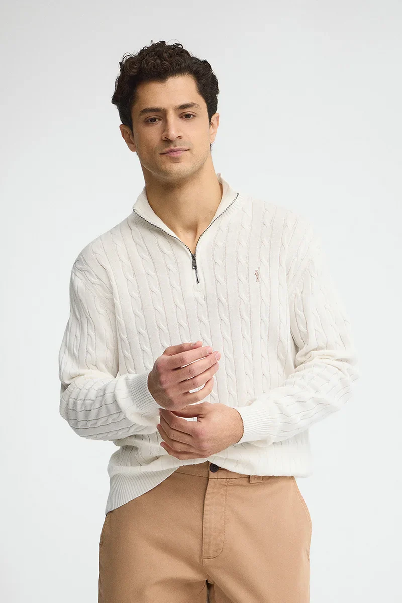 Nude cable-knit jumper with zipped neck and Rigby Go logo - Image 2
