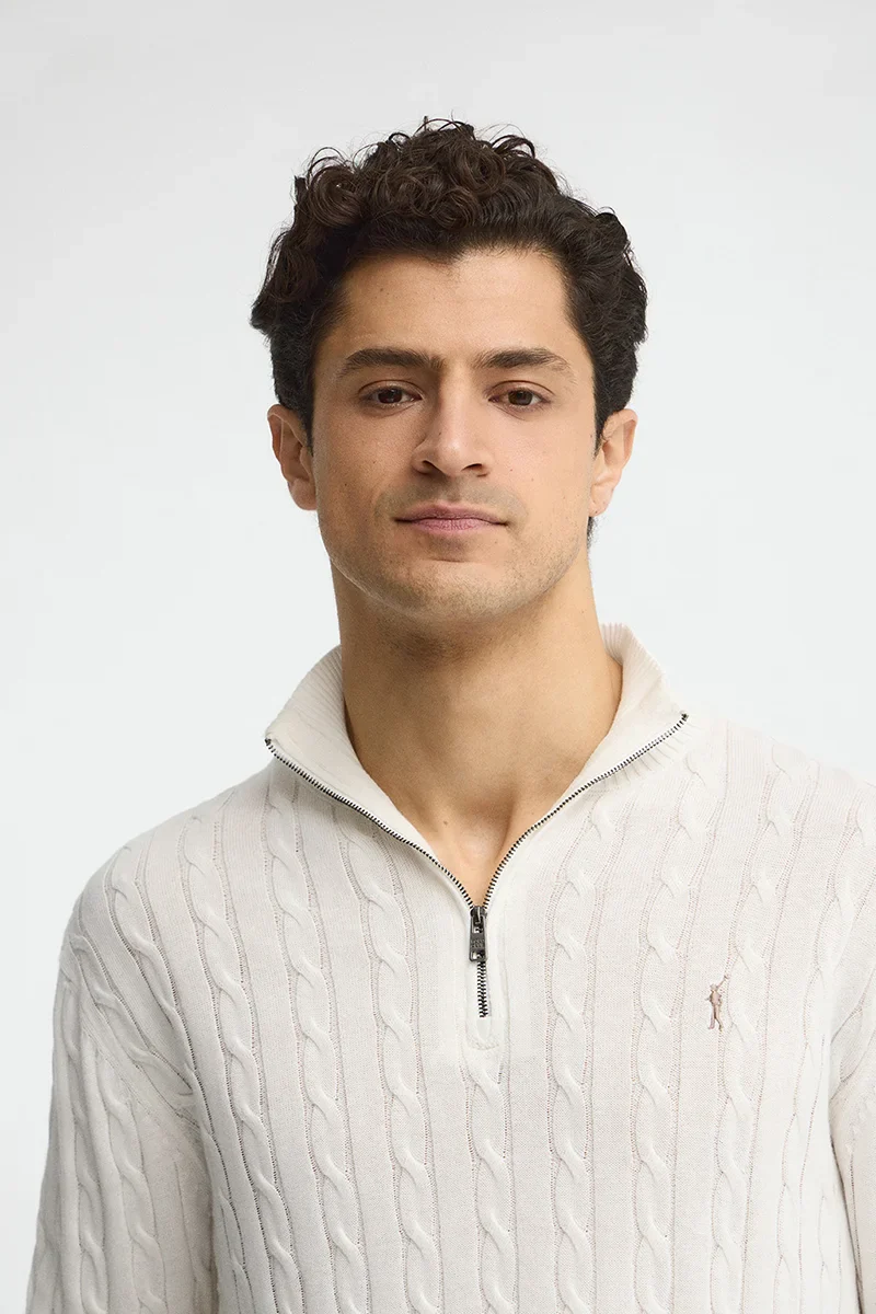 Nude cable-knit jumper with zipped neck and Rigby Go logo - Image 3