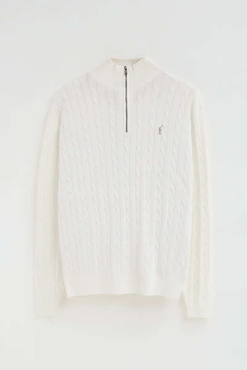 Nude cable-knit jumper with zipped neck and Rigby Go logo - Image 6