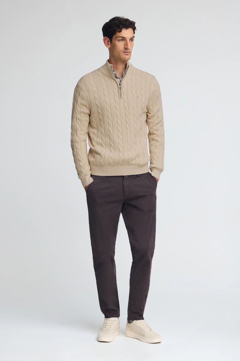Beige cable-knit wool-blend jumper with half zip and Rigby Go embroidery - Image 3