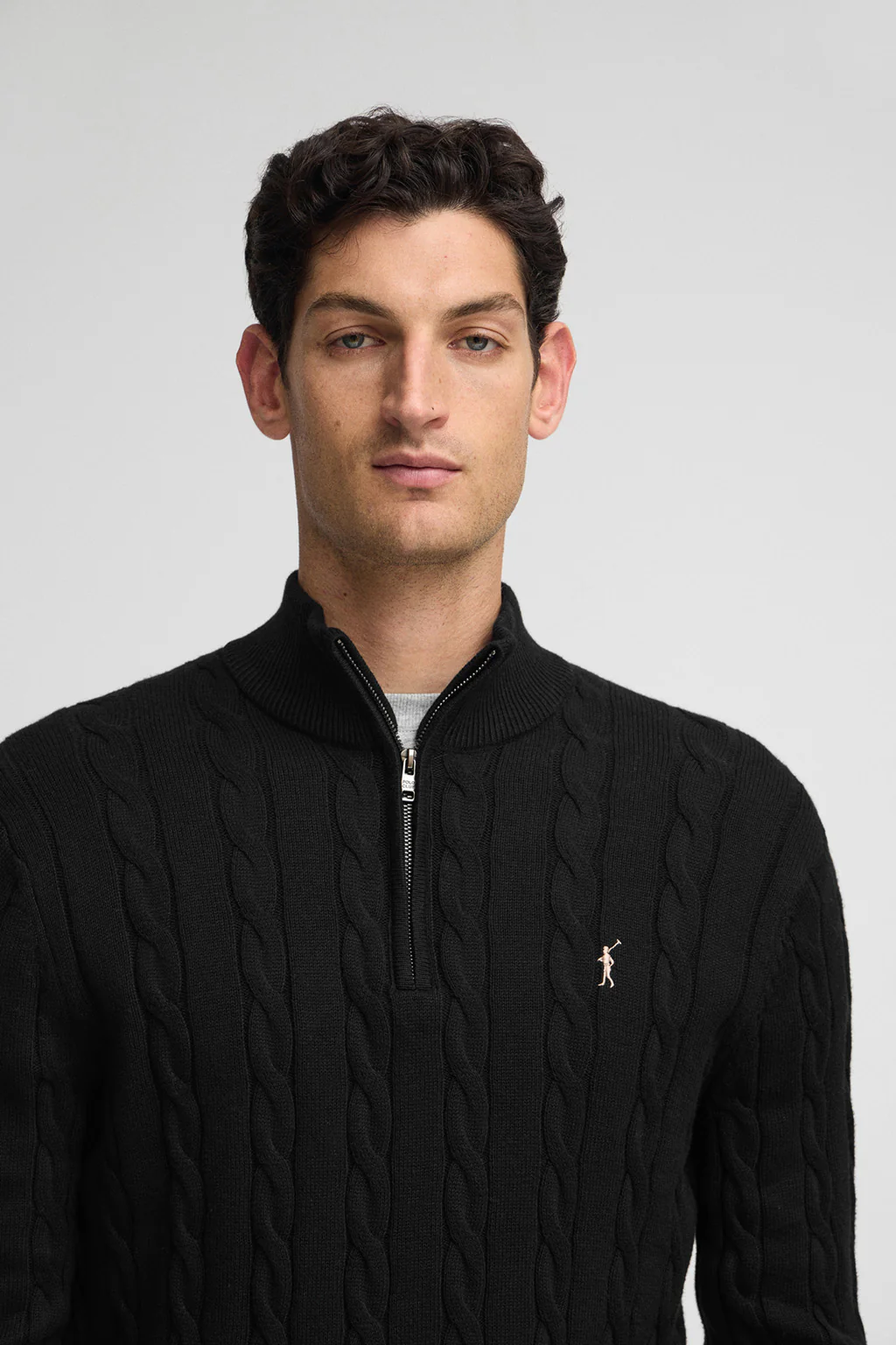 Black cable-knit wool-blend jumper with half zip and Rigby Go embroidery - Image 2