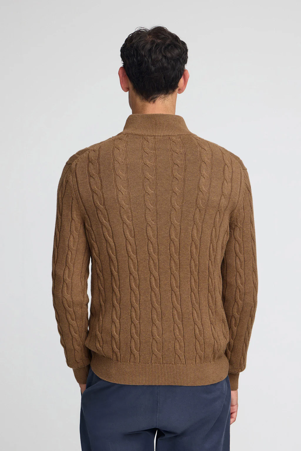 Camel-marl cable-knit wool-blend jumper with half zip and Rigby Go embroidery - Image 4
