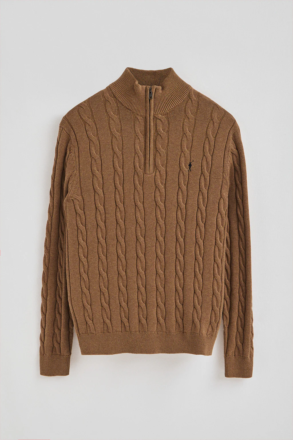 Camel-marl cable-knit wool-blend jumper with half zip and Rigby Go embroidery - Image 5