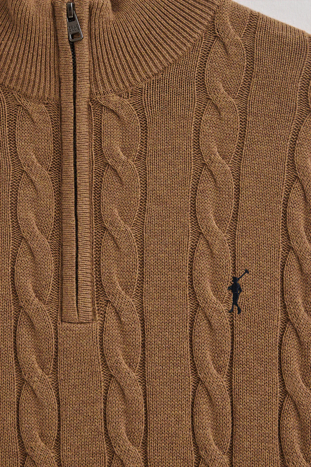 Camel-marl cable-knit wool-blend jumper with half zip and Rigby Go embroidery - Image 6