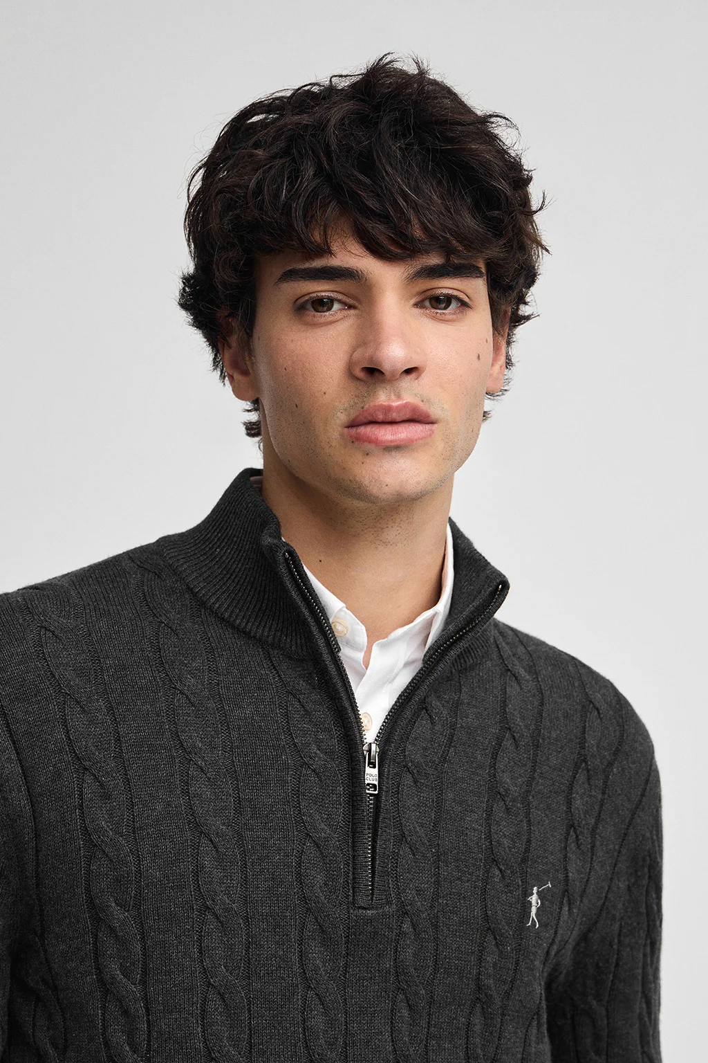 Dark-grey-marl cable-knit wool-blend jumper with half zip and Rigby Go embroidery - Image 2