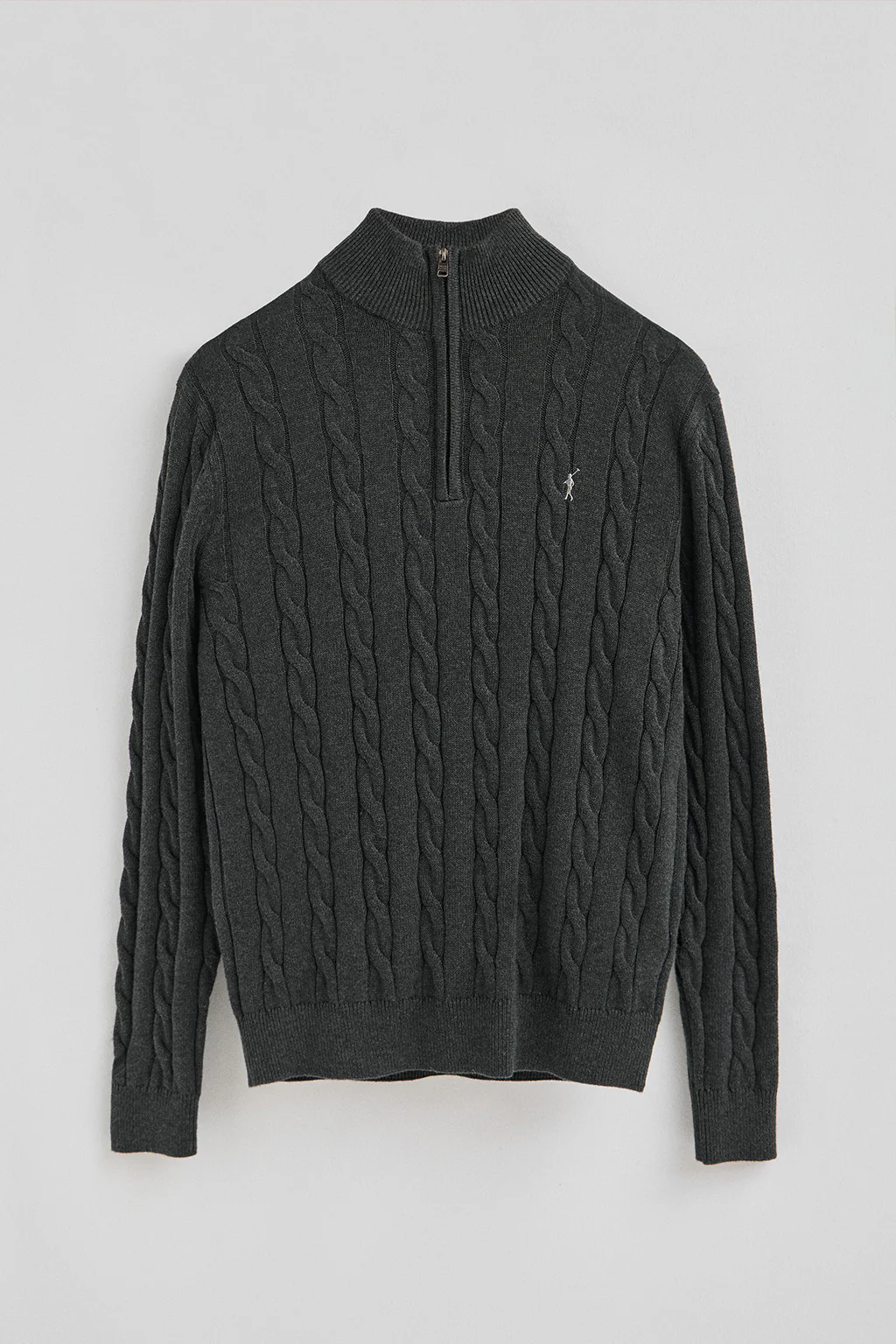 Dark-grey-marl cable-knit wool-blend jumper with half zip and Rigby Go embroidery - Image 5