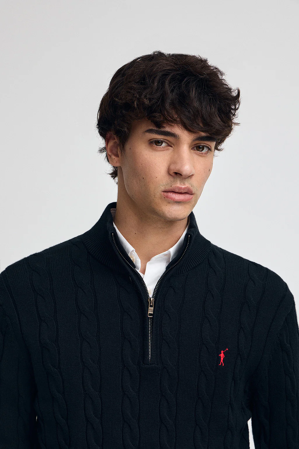 Navy-blue cable-knit wool-blend jumper with half zip and Rigby Go embroidery - Image 2