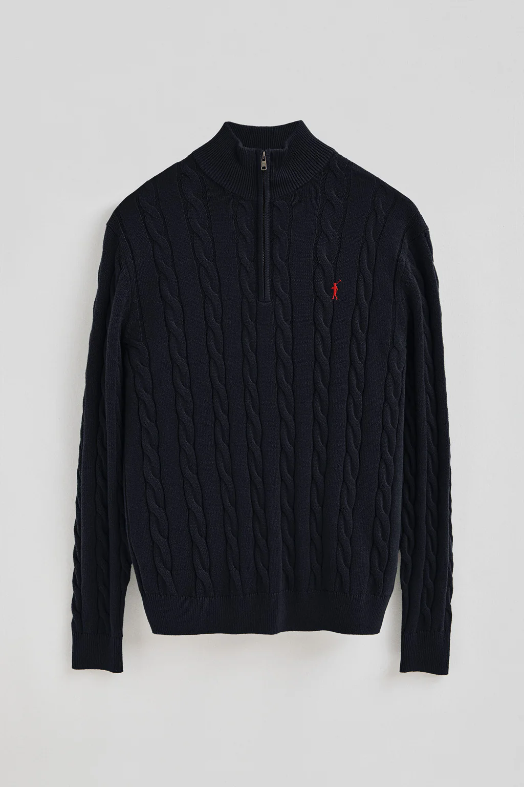 Navy-blue cable-knit wool-blend jumper with half zip and Rigby Go embroidery - Image 5