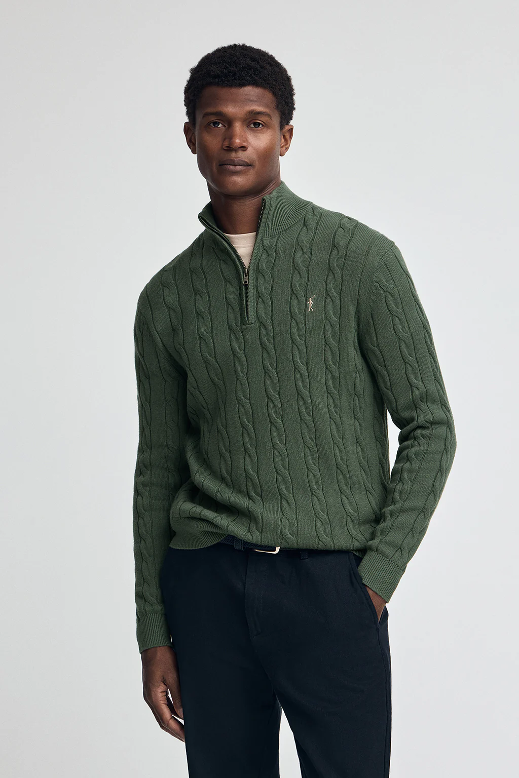 Mud-green cable-knit wool-blend jumper with half zip and Rigby Go embroidery