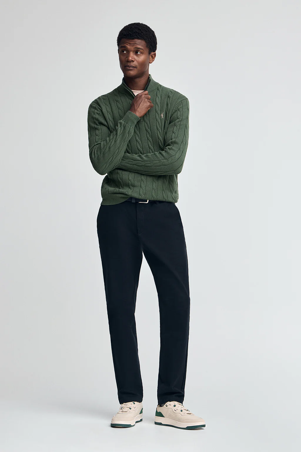 Mud-green cable-knit wool-blend jumper with half zip and Rigby Go embroidery - Image 3