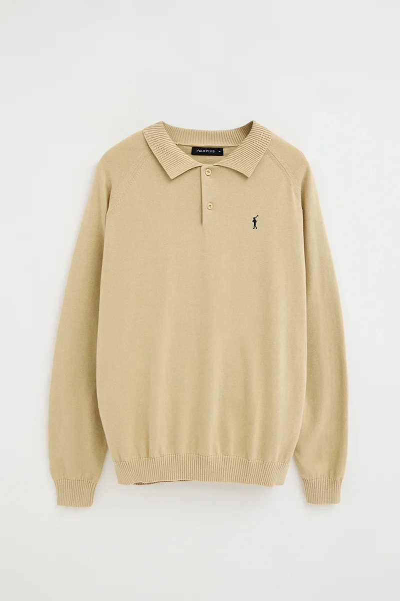 Beige jumper with buttoned polo collar and Rigby Go logo - Image 9