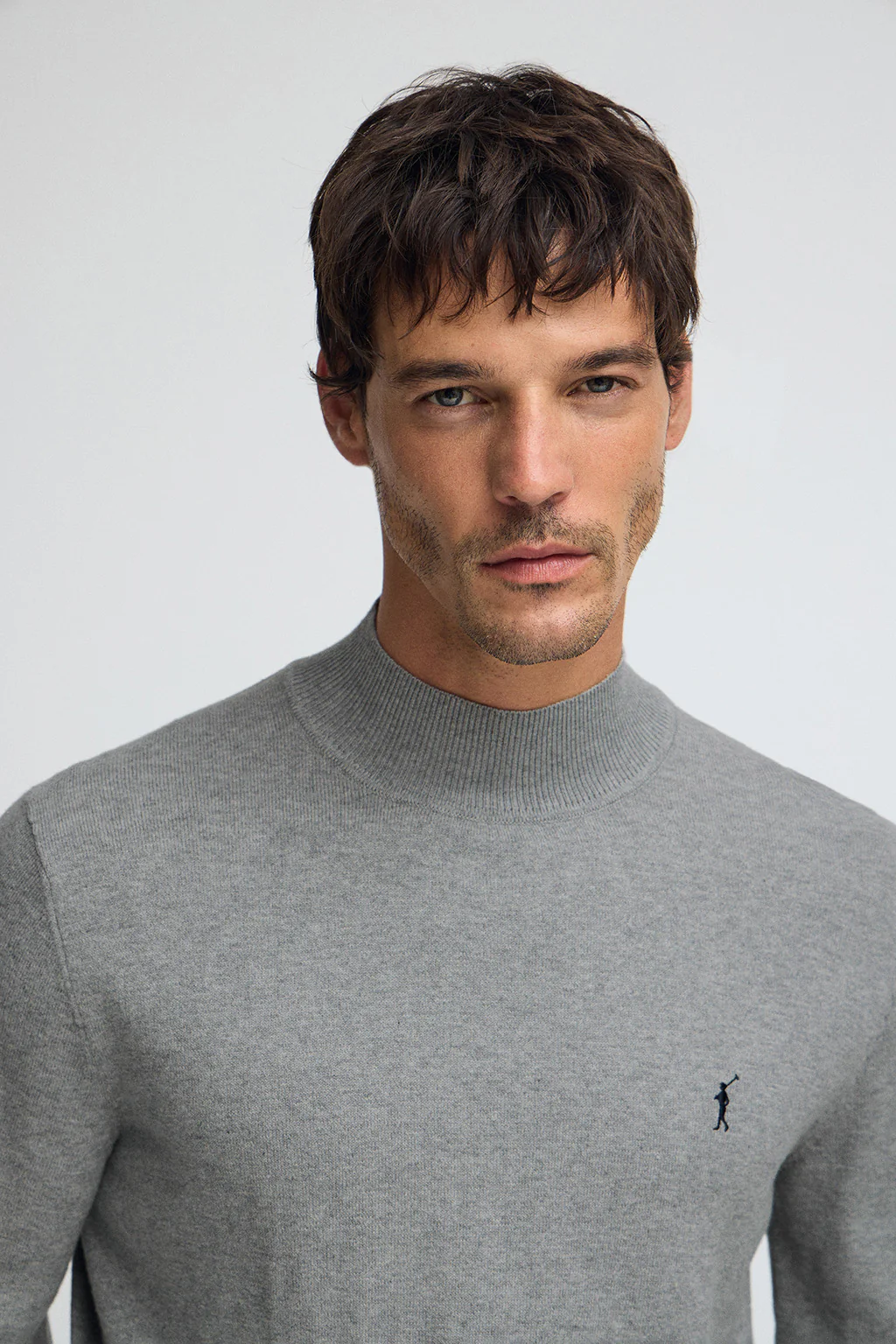 Grey-marl mock-neck wool-blend jumper with Rigby Go embroidery