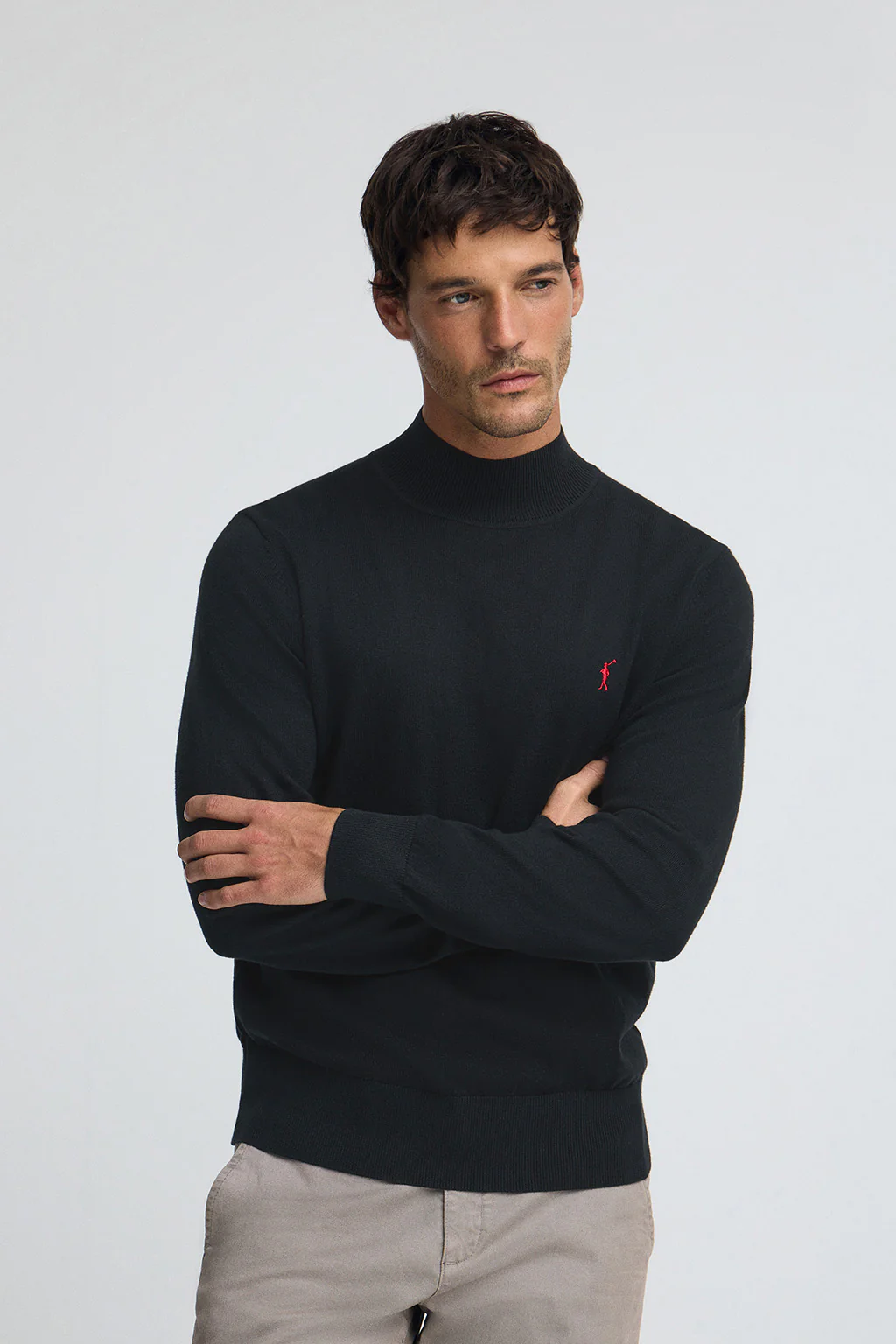 Navy-blue mock-neck wool-blend jumper with Rigby Go embroidery