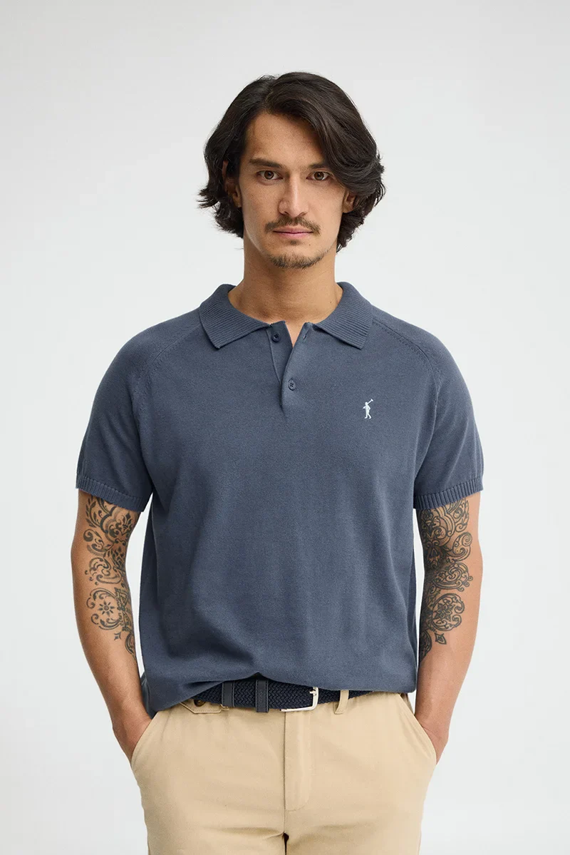Denim-blue short-sleeve jumper with polo collar and Rigby Go logo - Image 2