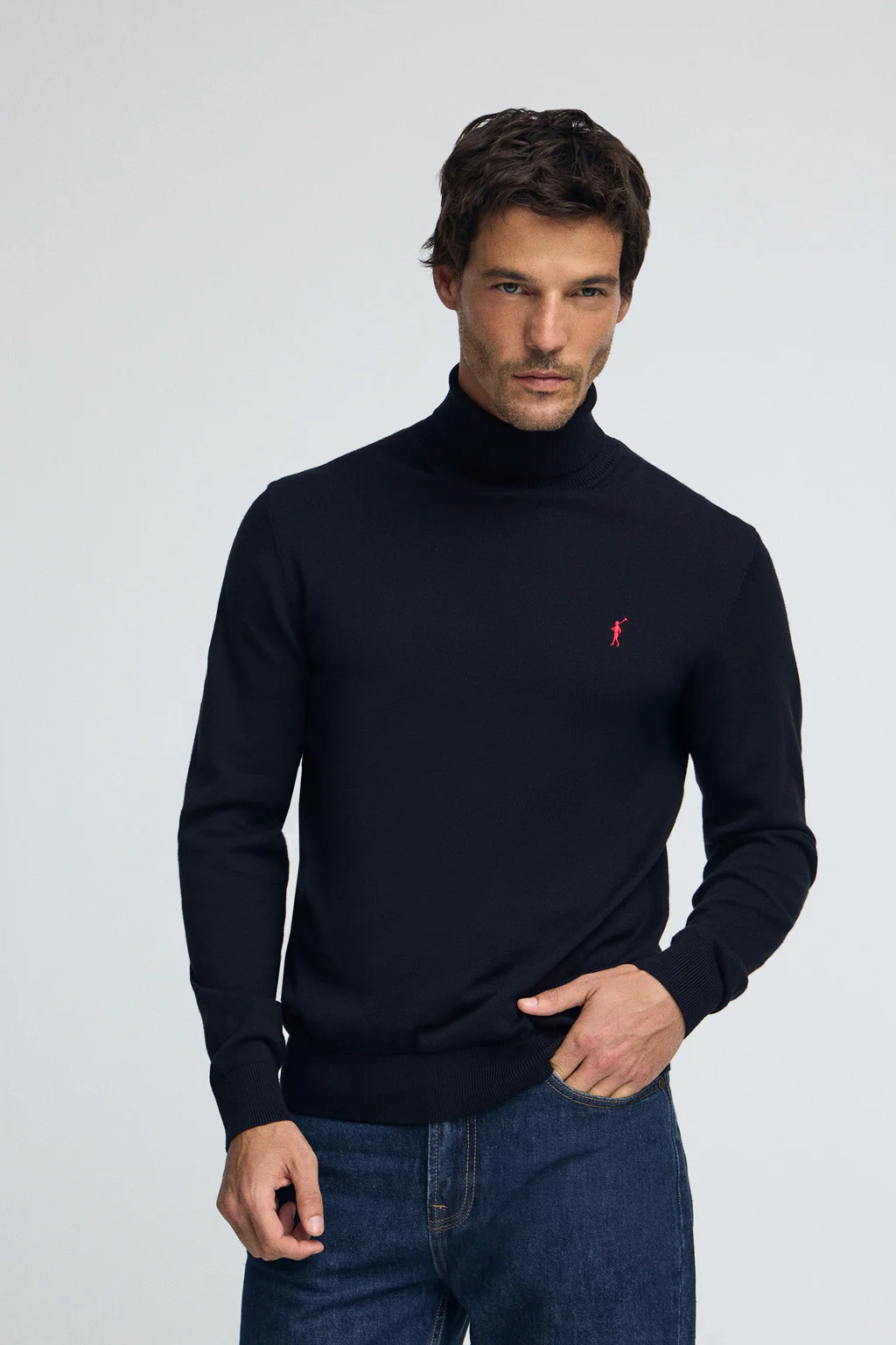 Navy-blue turtleneck cotton jumper with Rigby Go embroidery