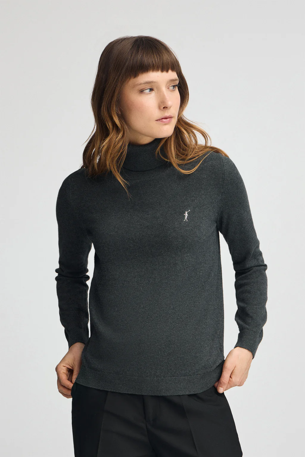 Dark-grey-marl turtleneck wool-blend jumper with Rigby Go embroidery