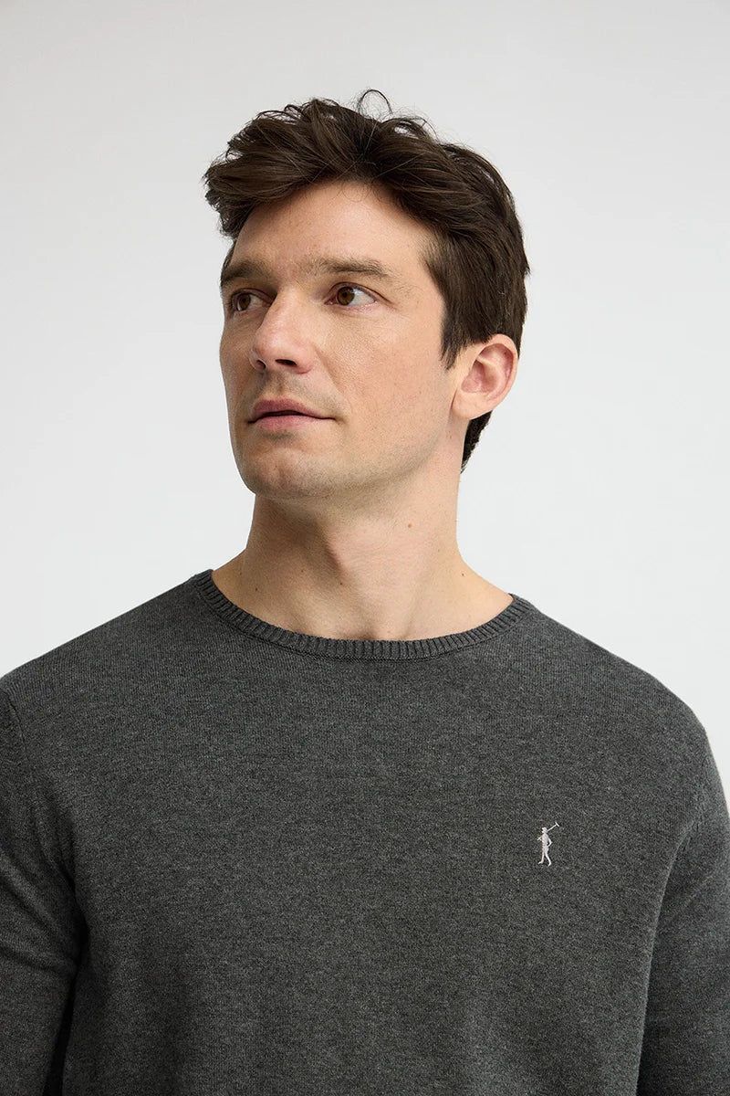 Dark-grey-marl round-neck jumper with Rigby Go logo