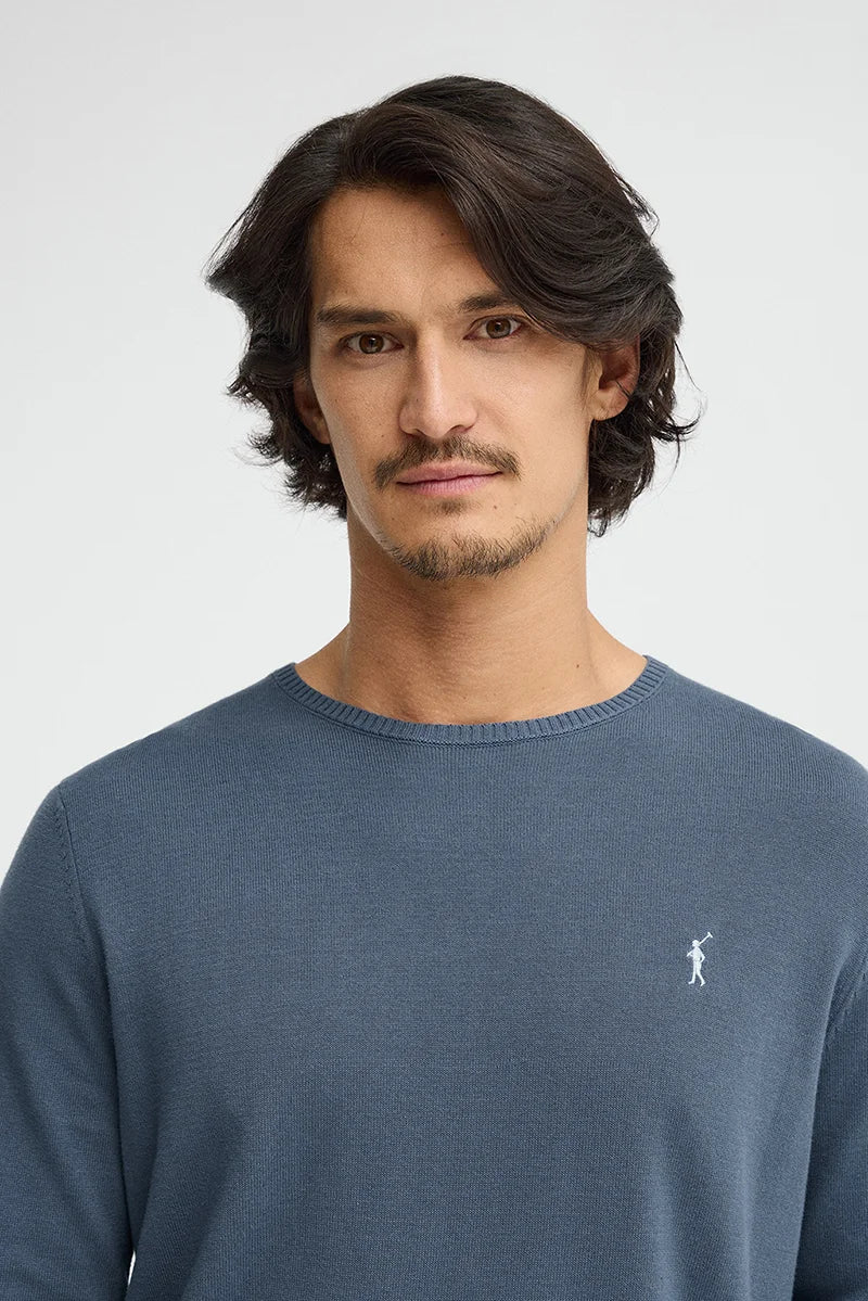 Denim-blue round-neck jumper with Rigby Go logo - Image 3