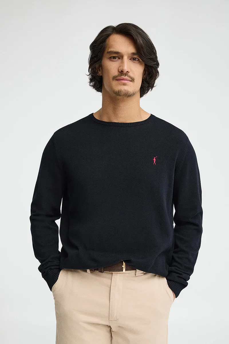 Navy-blue round-neck jumper with Rigby Go logo