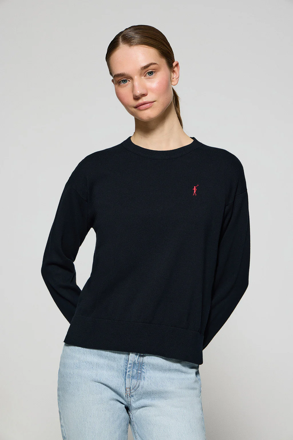 Navy-blue round-neck knit jumper with Rigby Go embroidered logo