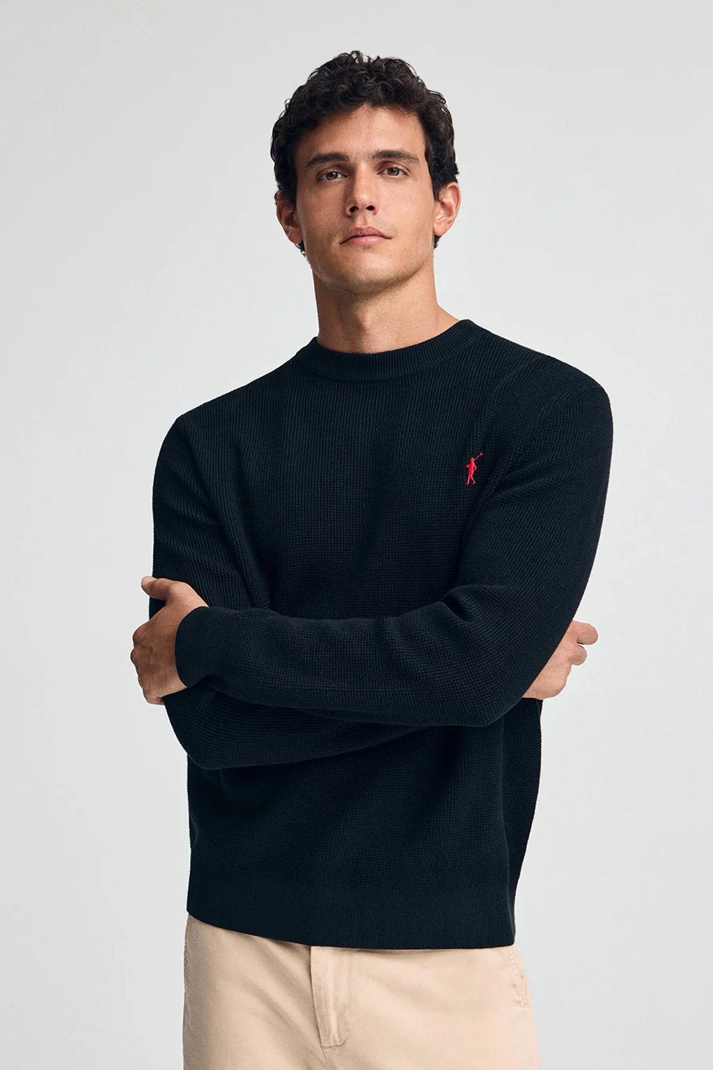 Navy-blue waffle-knit jumper with round neck and Rigby Go embroidery