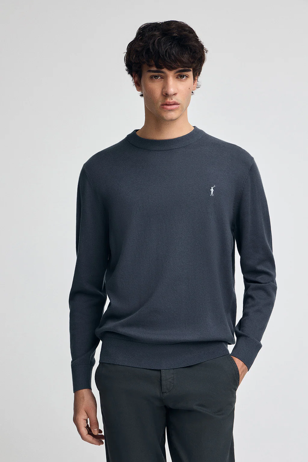 Denim-blue wool-blend jumper with Rigby Go embroidery