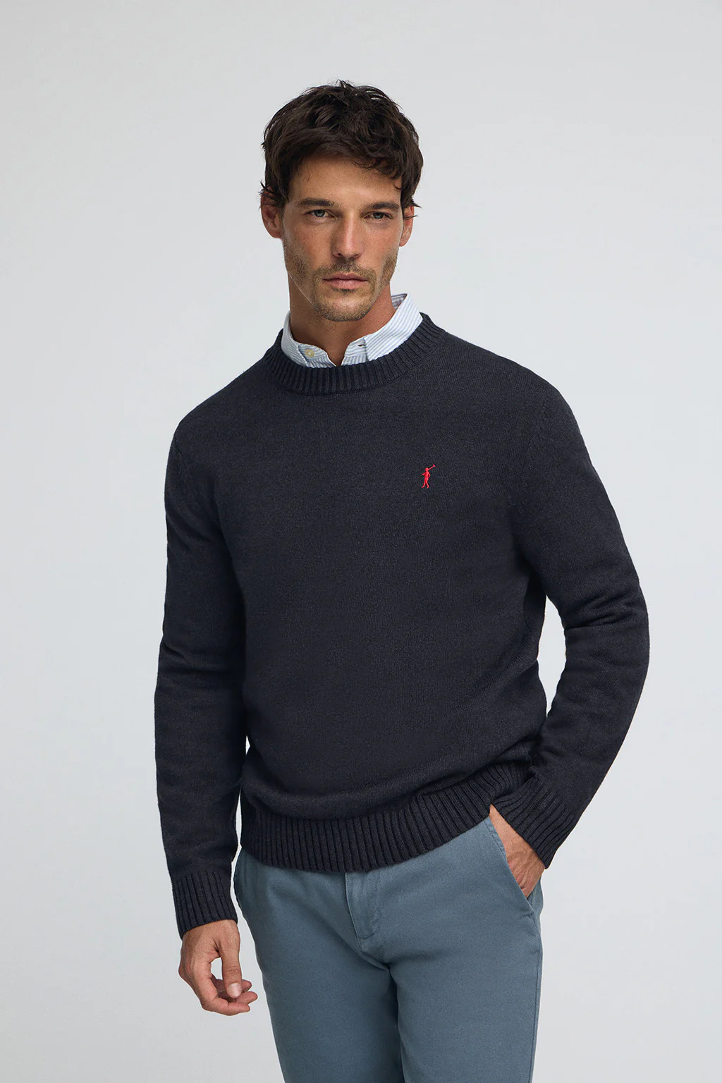 Navy-blue-marl wool-blend jumper with Rigby Go embroidery