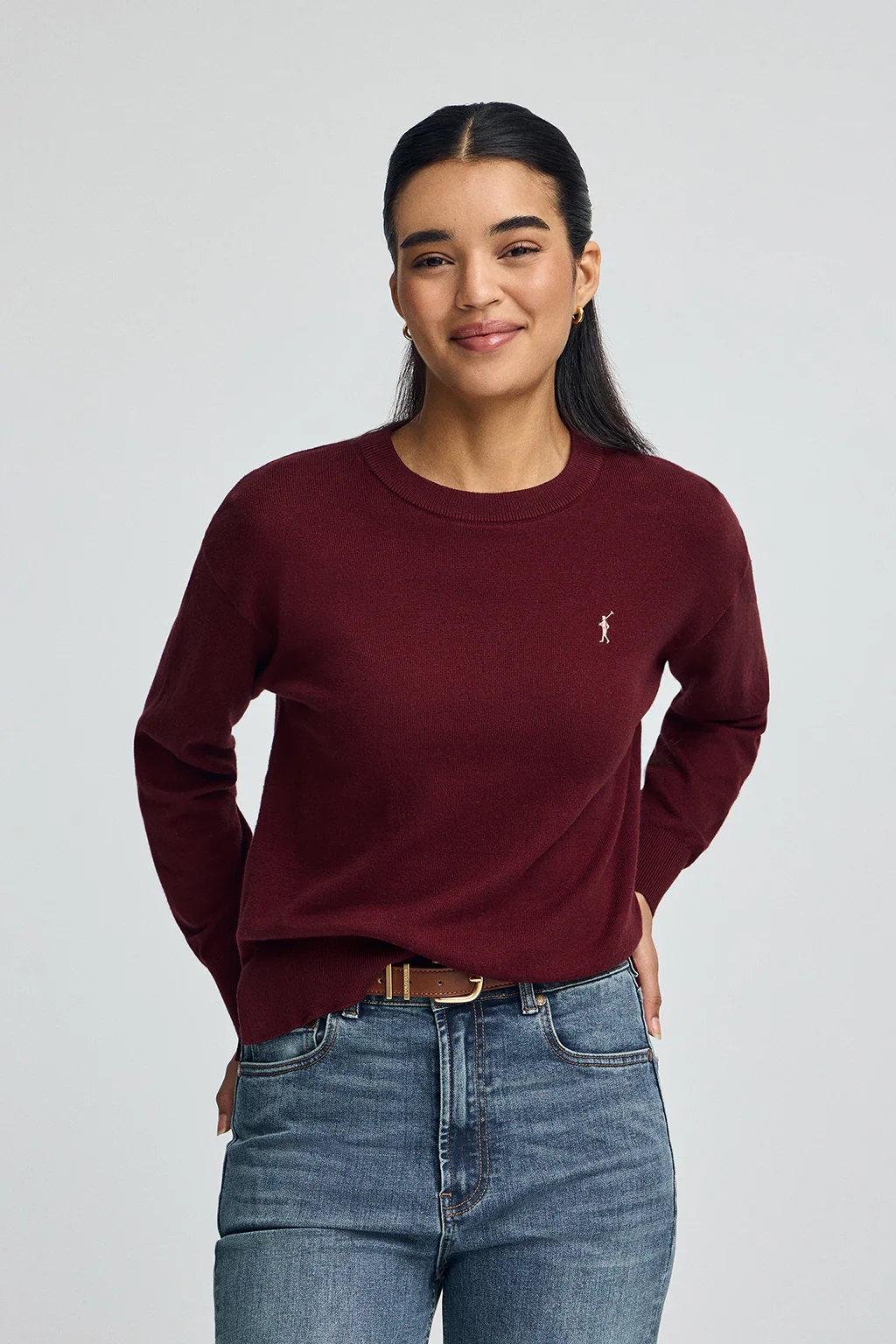 Maroon round-neck wool-blend jumper with Rigby Go embroidery