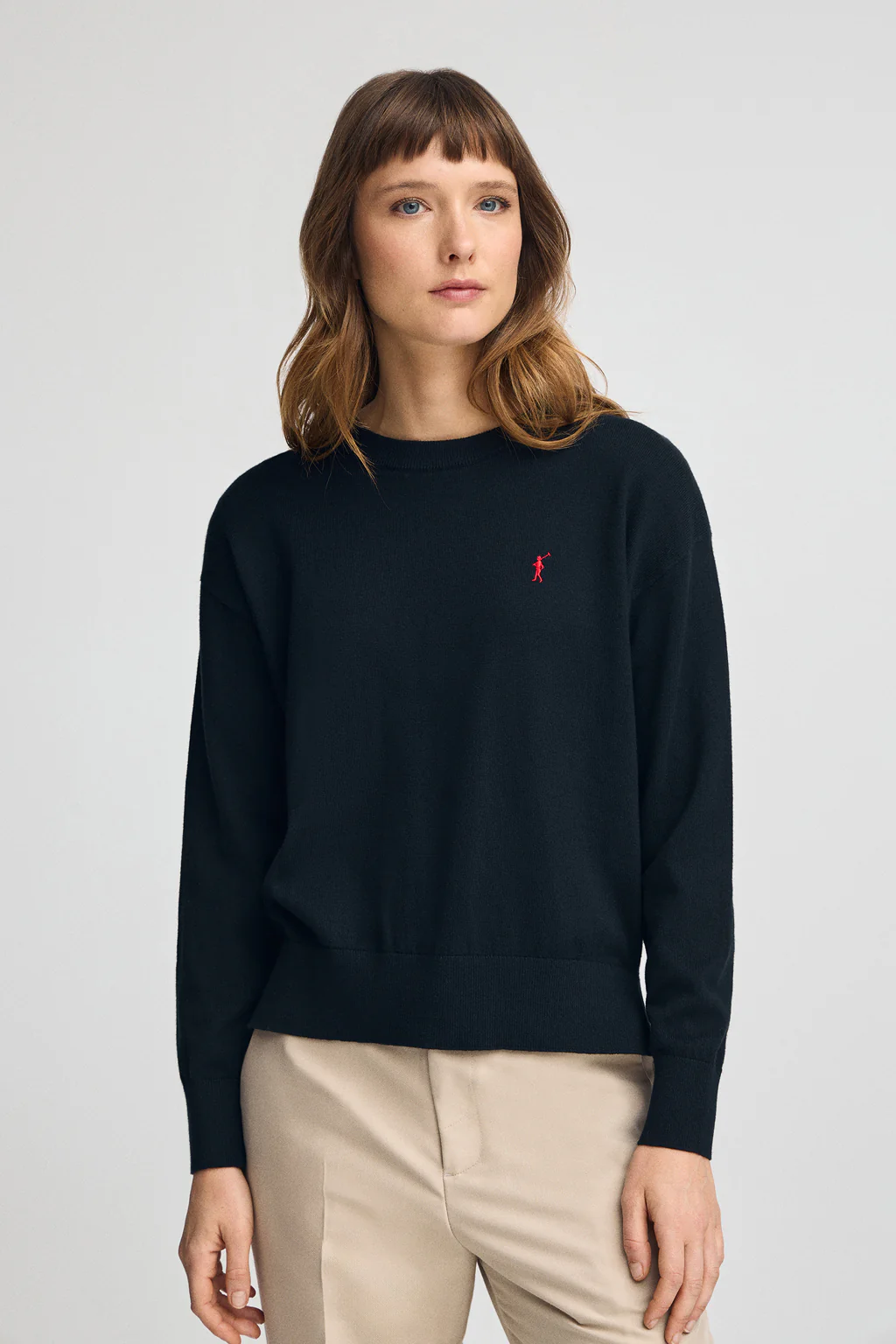 Navy-blue round-neck wool-blend jumper with Rigby Go embroidery