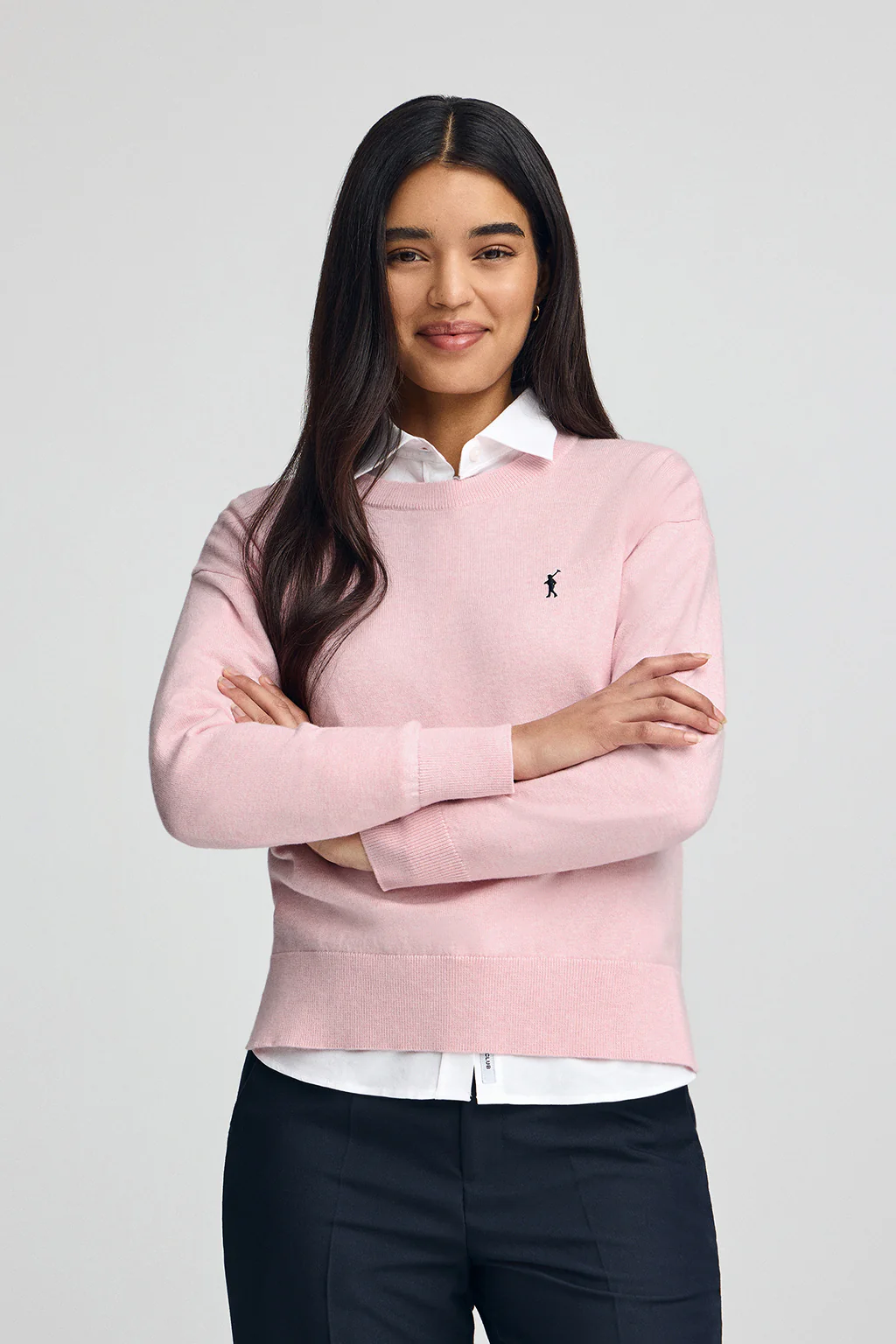 Pink-marl round-neck wool-blend jumper with Rigby Go embroidery