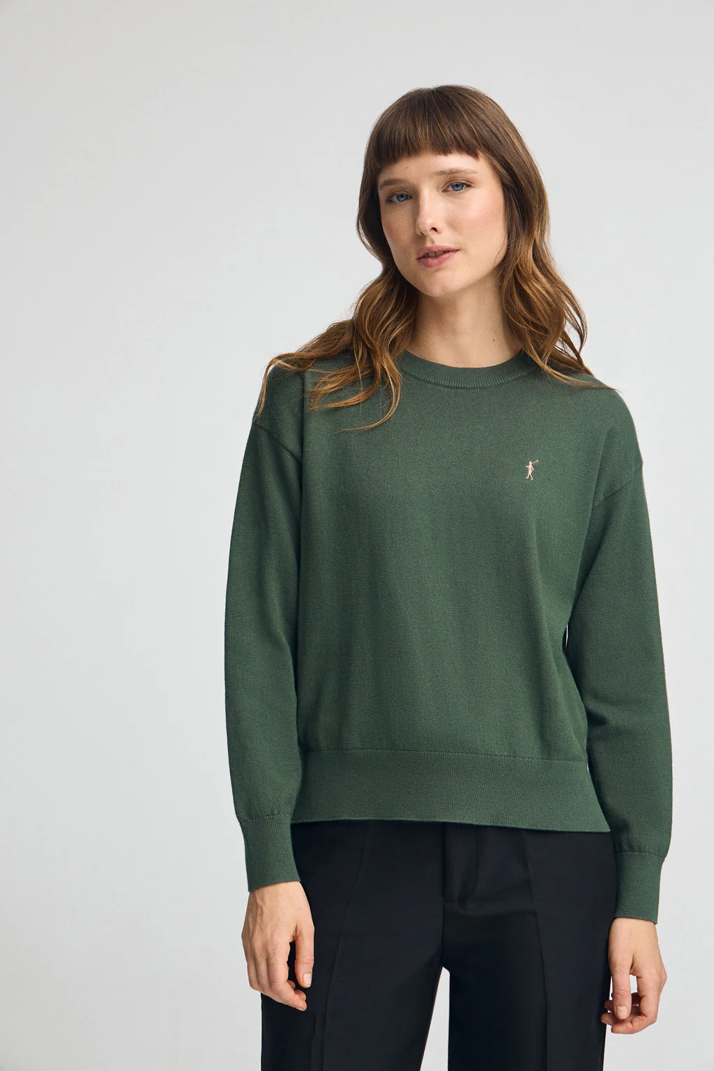 Mud-green round-neck wool-blend jumper with Rigby Go embroidery - Image 2