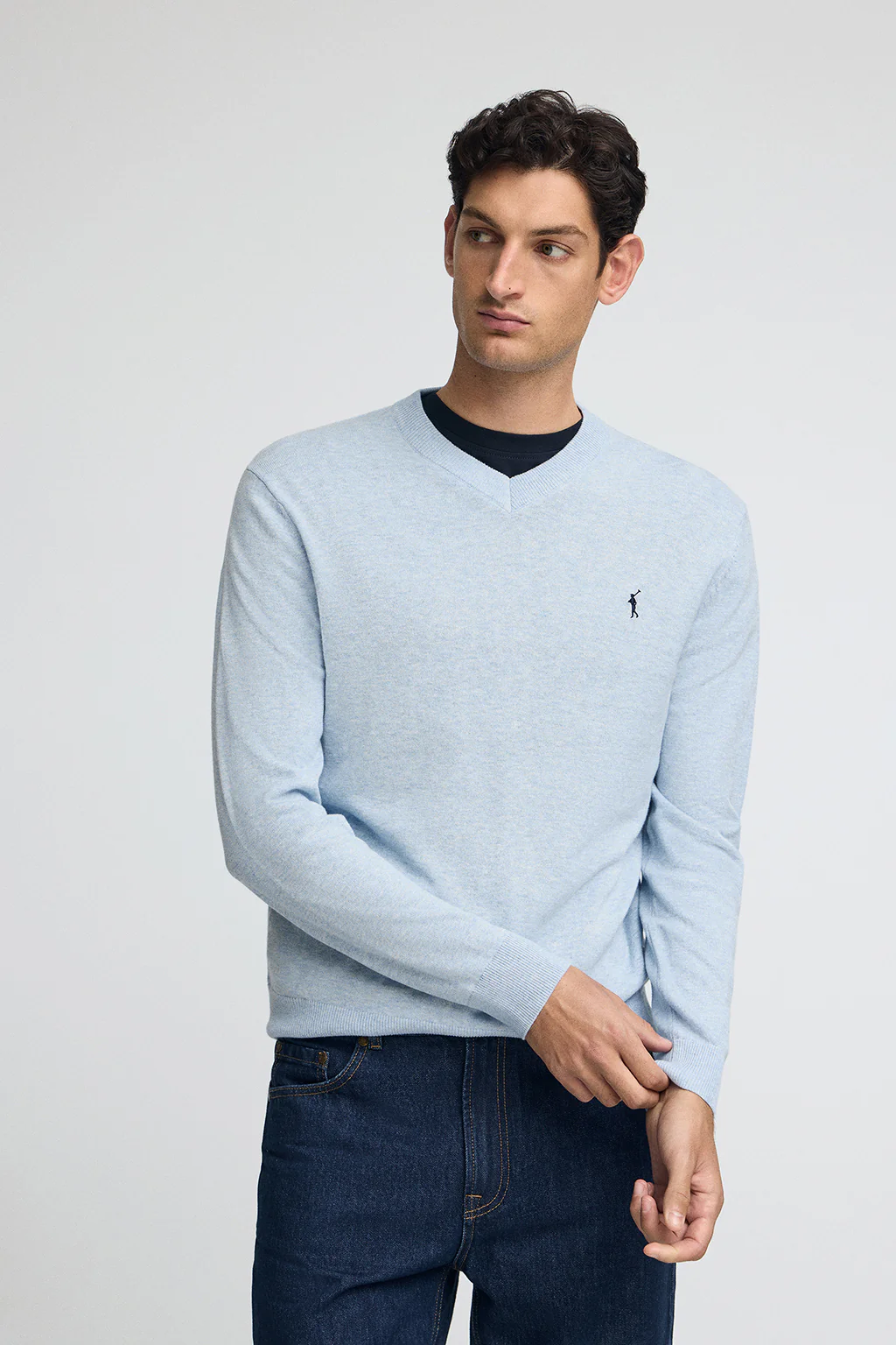 Light-blue-marl V-neck cotton jumper with Rigby Go embroidery