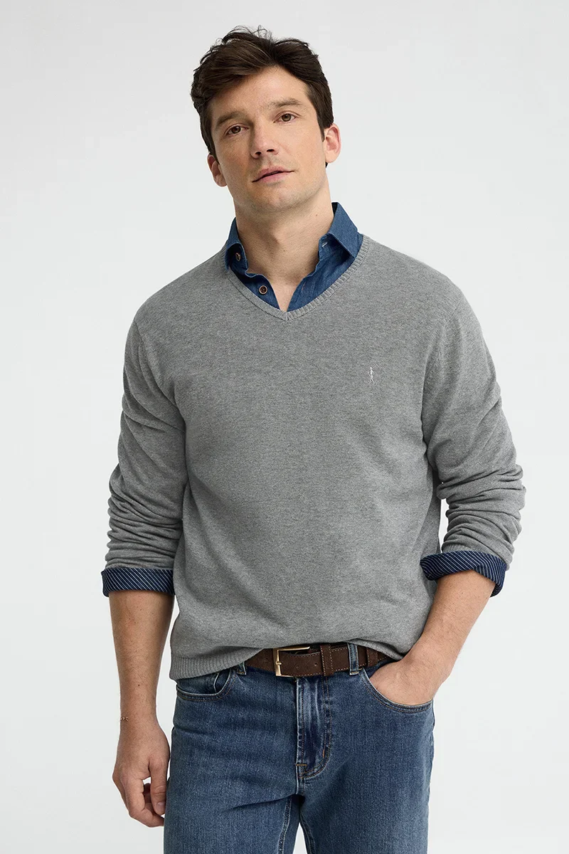 Grey-marl V-neck jumper with Rigby Go embroidery