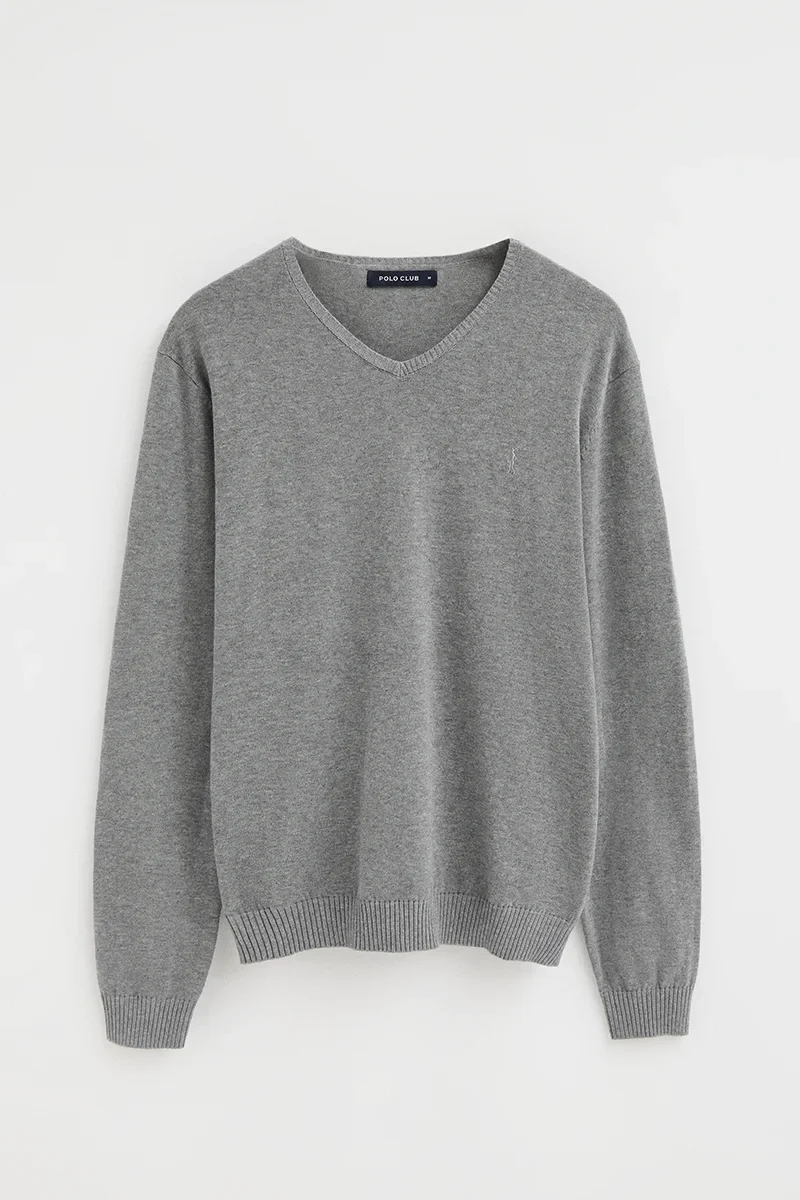 Grey-marl V-neck jumper with Rigby Go embroidery - Image 5