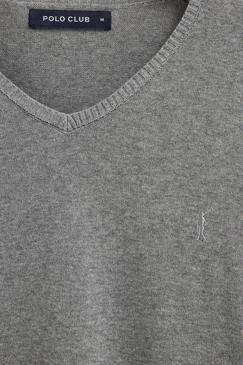Grey-marl V-neck jumper with Rigby Go embroidery - Image 6