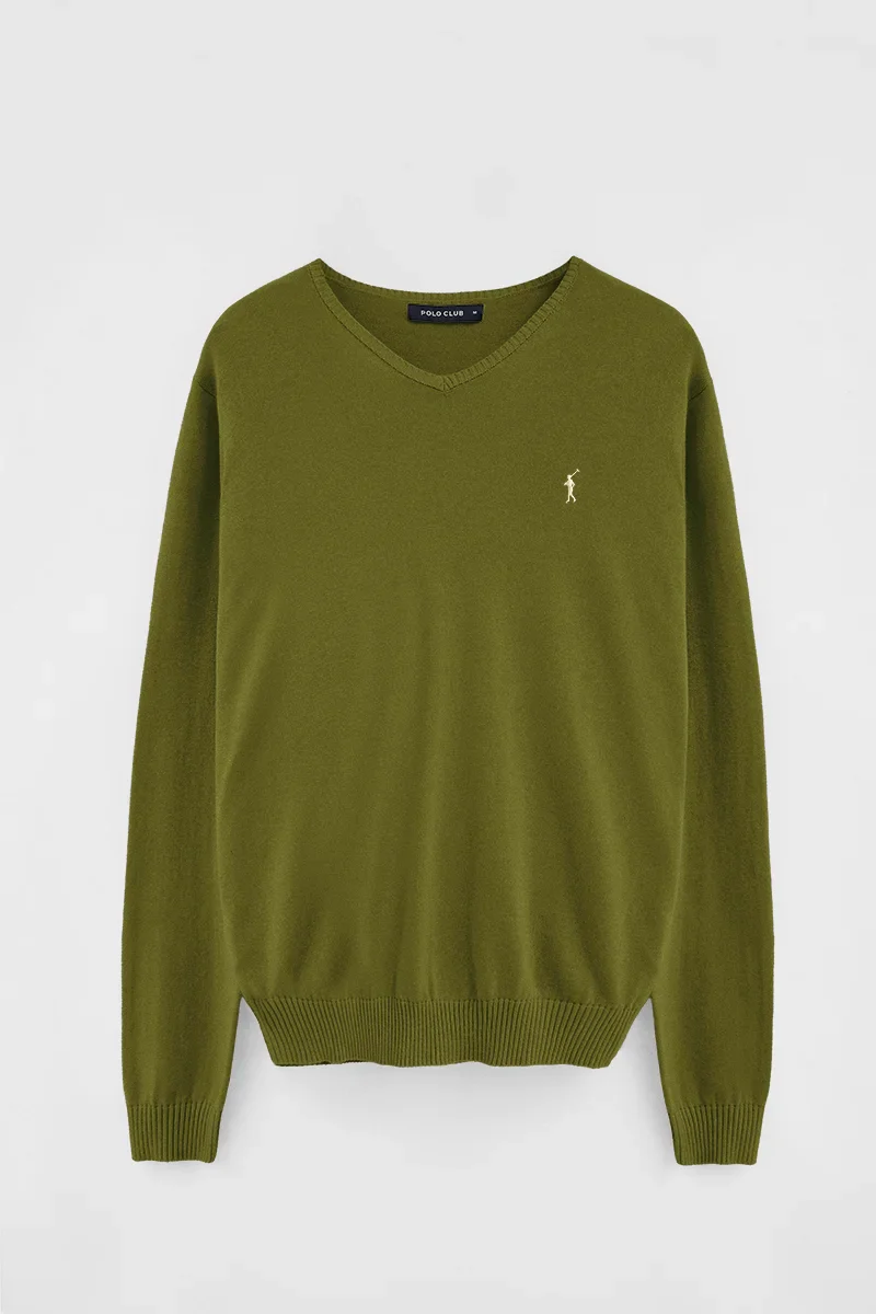 Moss-green V-neck jumper with Rigby Go embroidery - Image 6