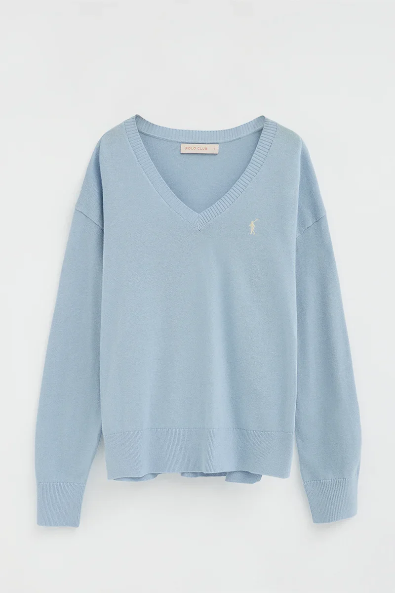 Light-blue V-neck jumper with Rigby Go logo - Image 5