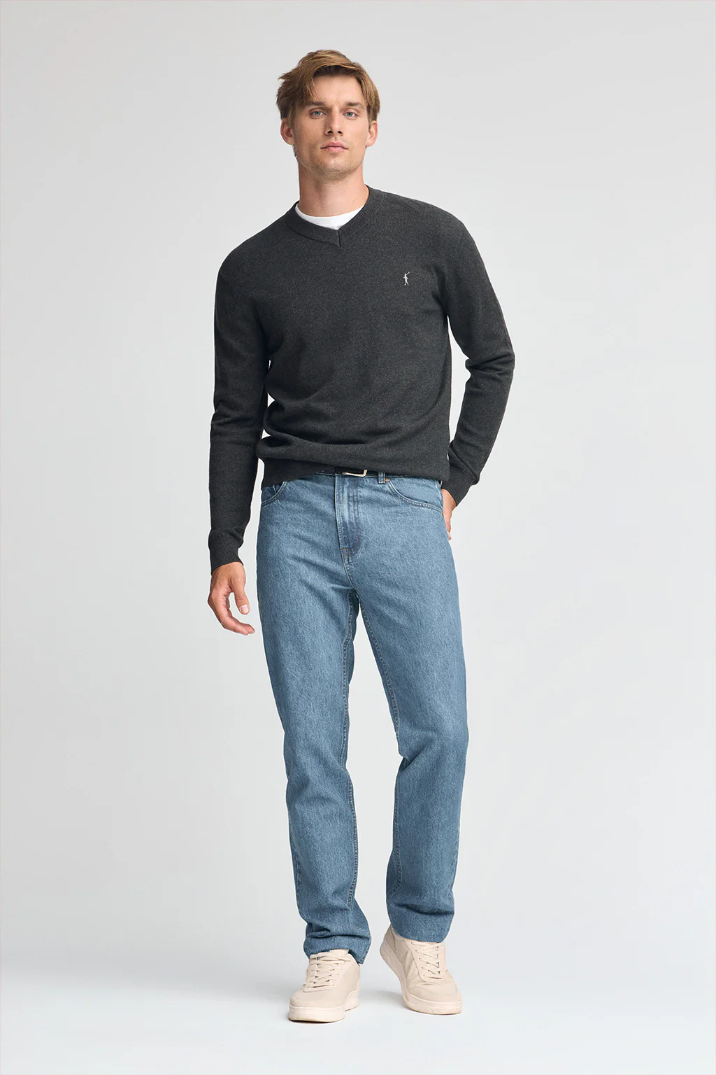 Dark-grey-marl V-neck wool-blend jumper with Rigby Go embroidery - Image 3