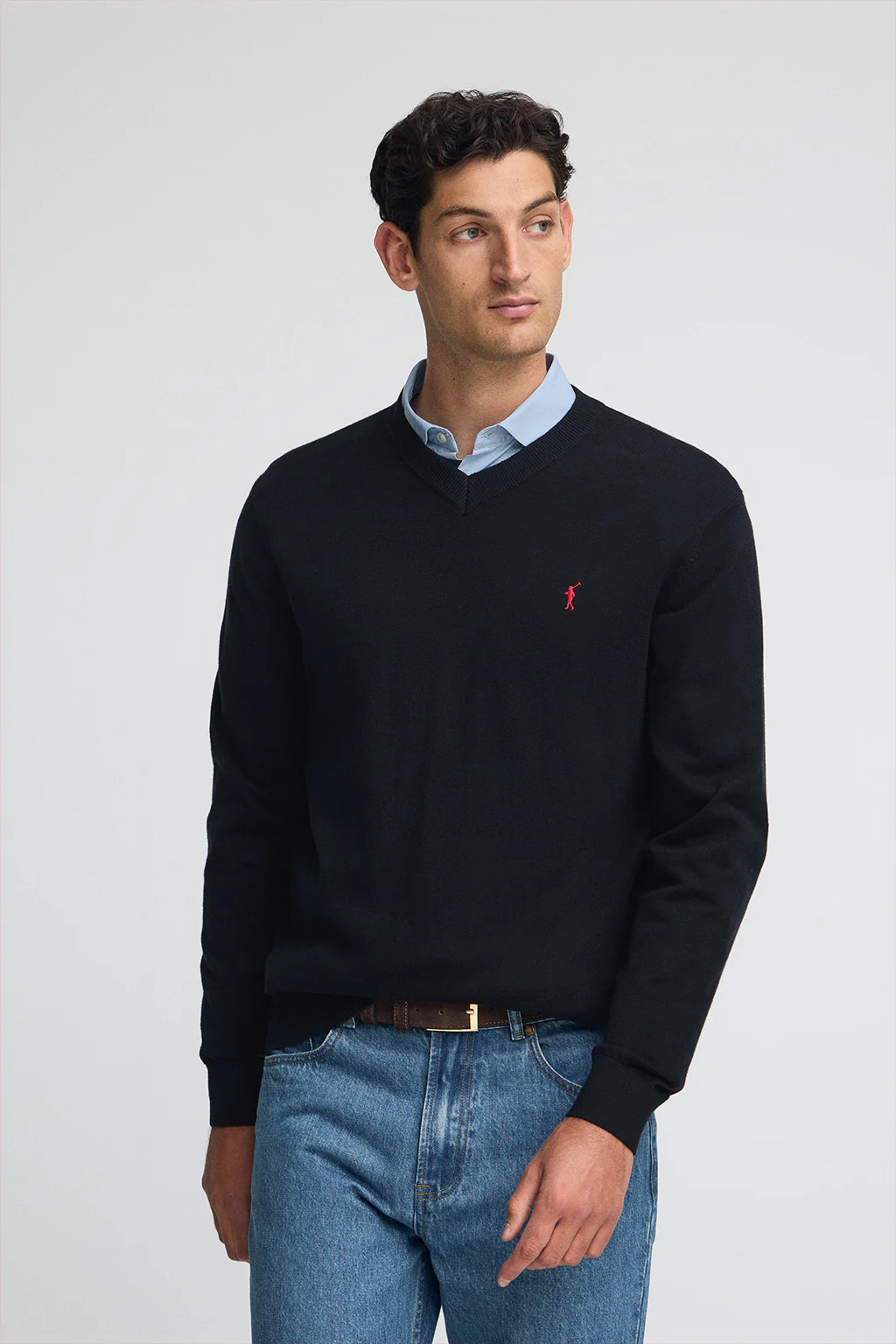 Navy-blue V-neck wool-blend jumper with Rigby Go embroidery - Image 2