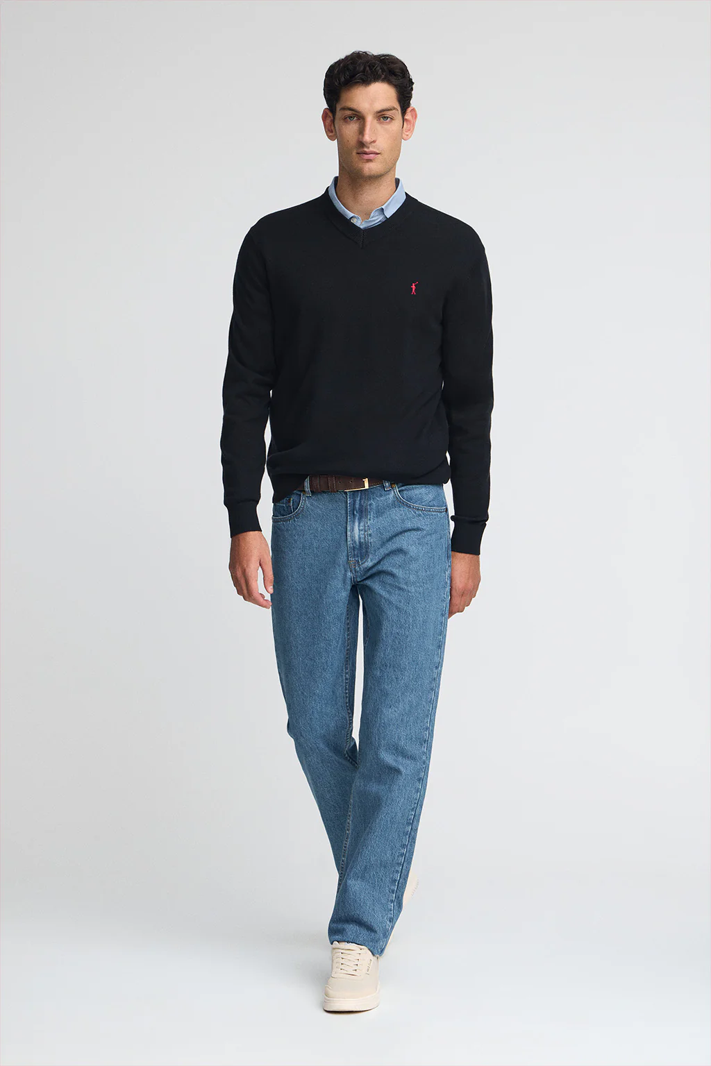 Navy-blue V-neck wool-blend jumper with Rigby Go embroidery - Image 3