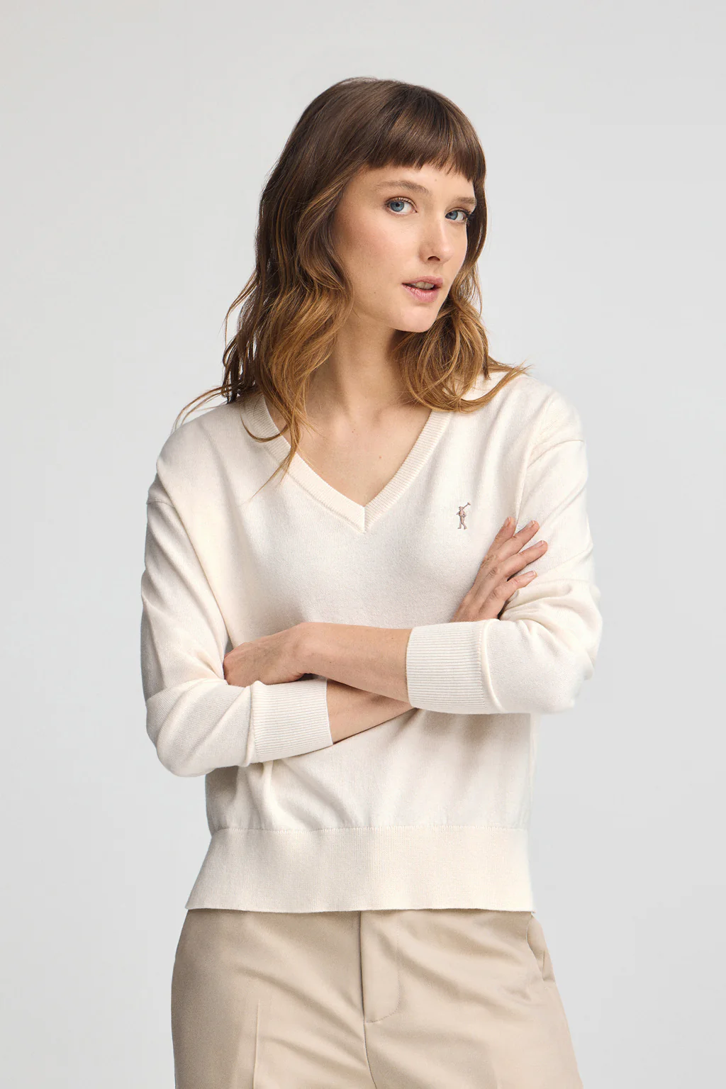 Nude V-neck wool-blend jumper with Rigby Go embroidery