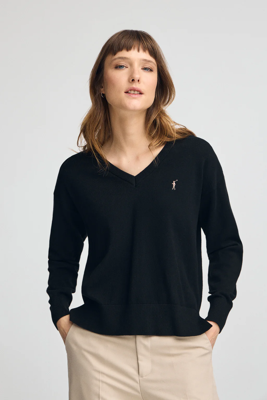 Black V-neck wool-blend jumper with Rigby Go embroidery