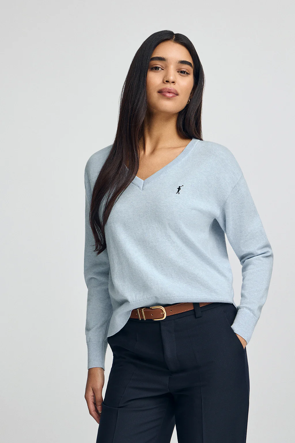 Light-blue-marl V-neck wool-blend jumper with Rigby Go embroidery