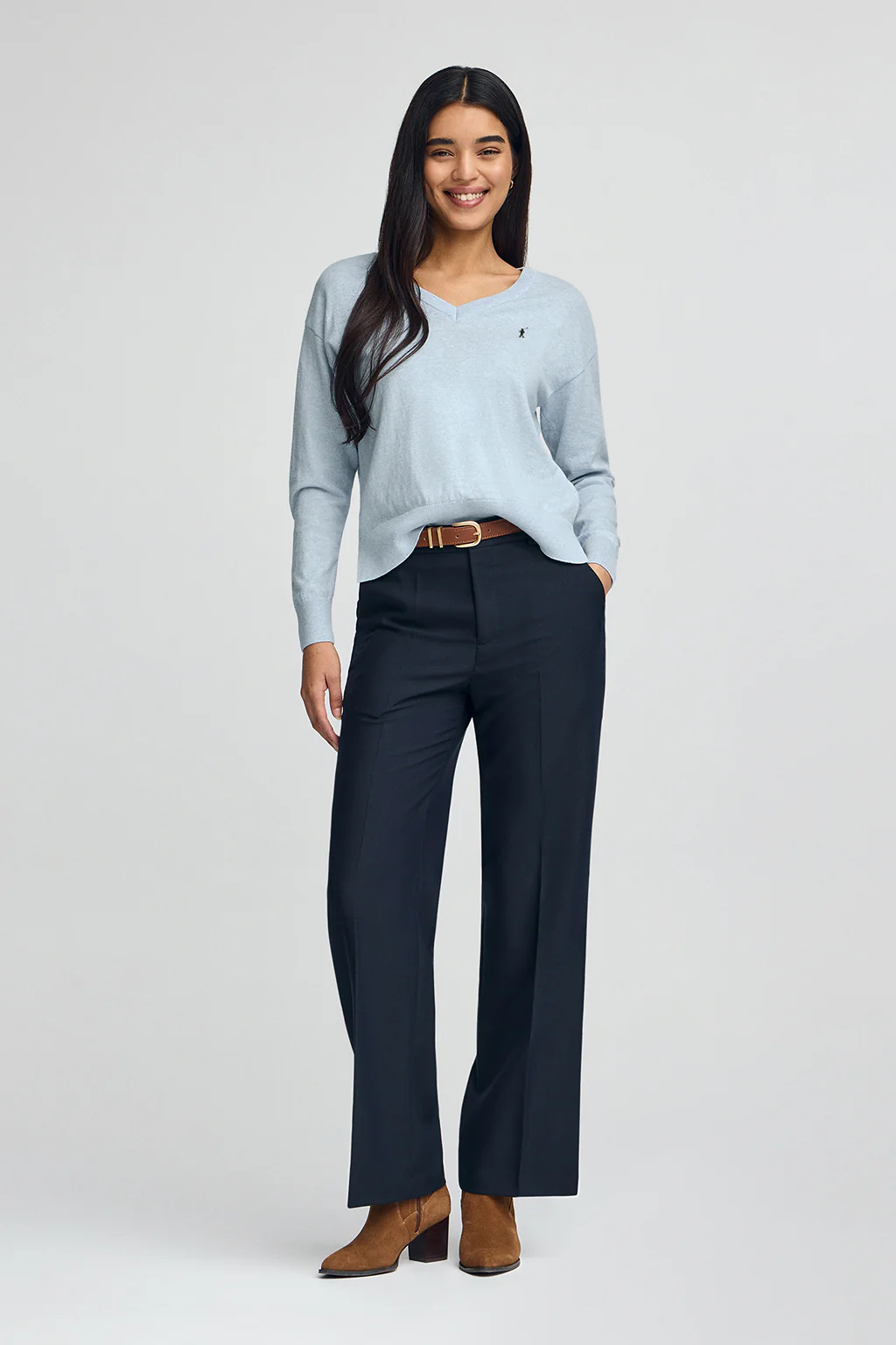 Light-blue-marl V-neck wool-blend jumper with Rigby Go embroidery - Image 3