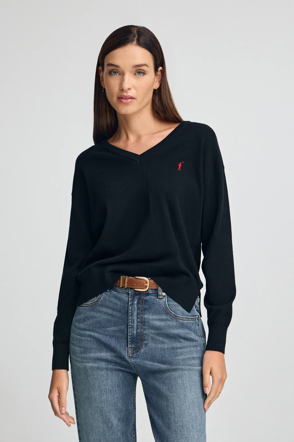 Navy-blue V-neck wool-blend jumper with Rigby Go embroidery