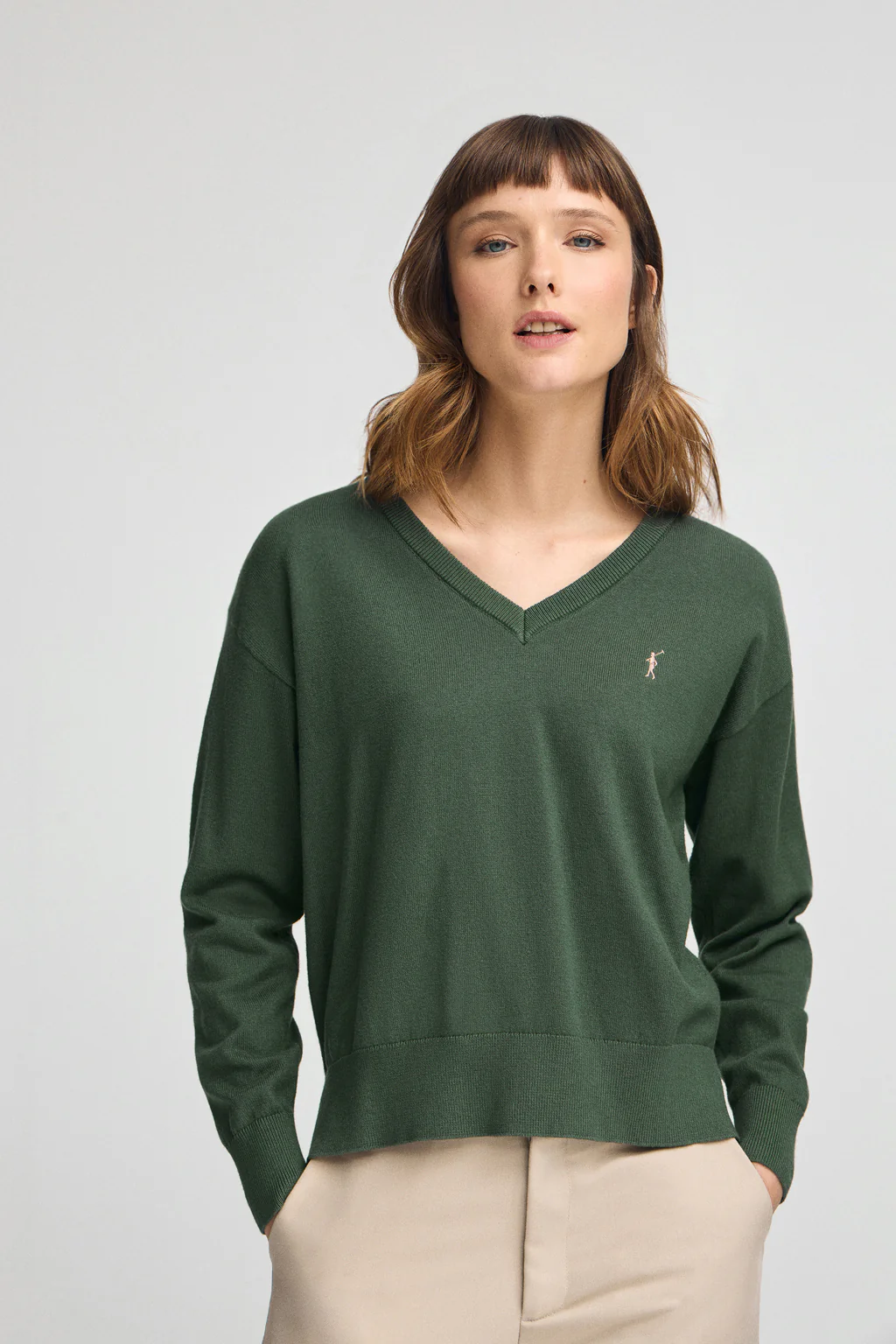 Mud-green V-neck wool-blend jumper with Rigby Go embroidery - Image 2