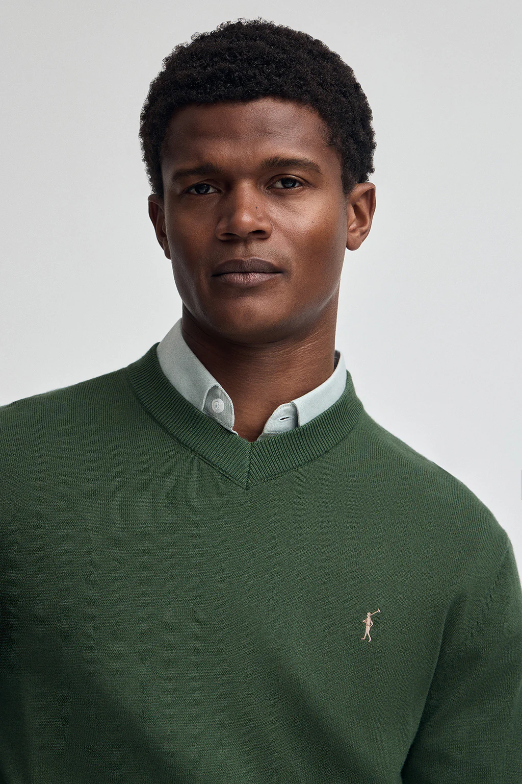Mud-green V-neck wool-blend jumper with Rigby Go embroidery - Image 2